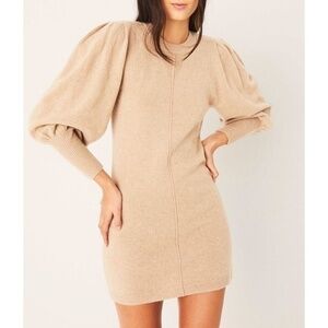 New Ba&sh Nancy Wool Yak Puff Sleeve Mini Sweater Dress Beige XS
